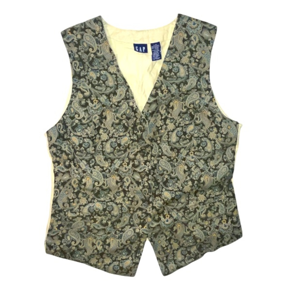 Vintage Y2K Gap Paisley Button Down Vest Khaki Back With Tie Size Large